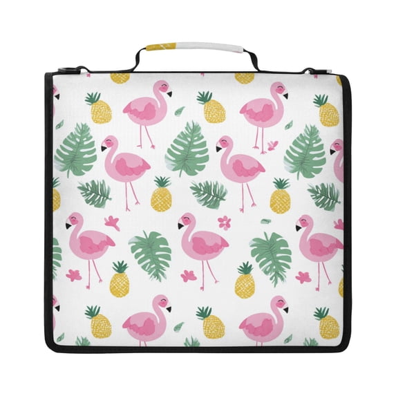 Zipper Binder with Shoulder Strap 2 inch 3 Ring Waterproof File Folder Organizer Bag 500 Sheet Flamingo and Pineapple Pattern
