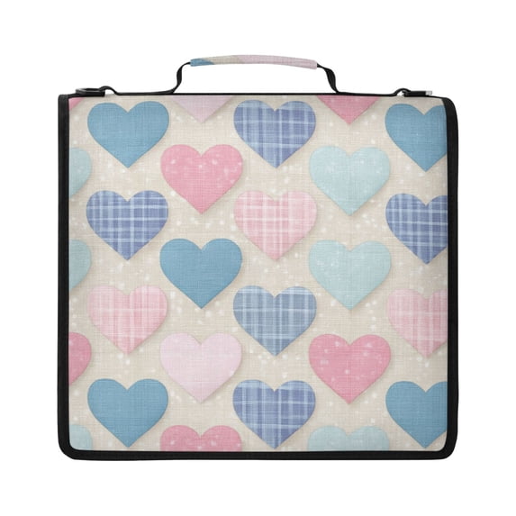 Zipper Binder with Shoulder Strap 2 inch 3 Ring Waterproof File Folder Organizer Bag 500 Sheet Gingham Heart-shaped Pattern