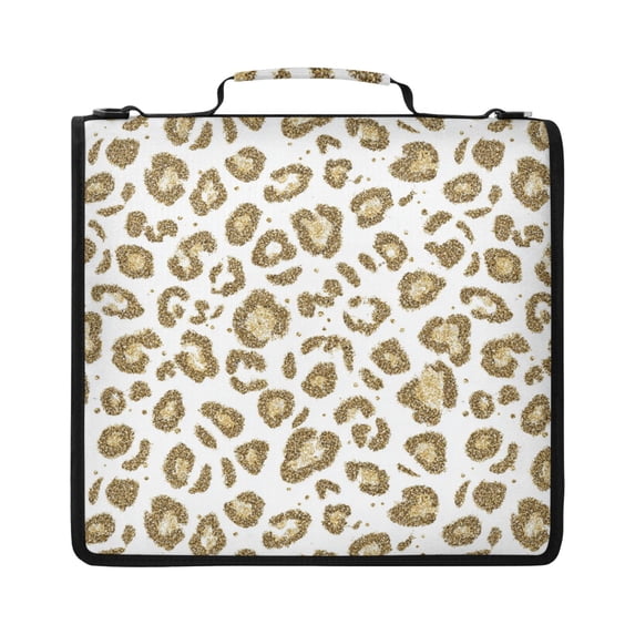 Zipper Binder with Shoulder Strap 2 inch 3 Ring Waterproof File Folder Organizer Bag 500 Sheet Gold Leopard Print Pattern