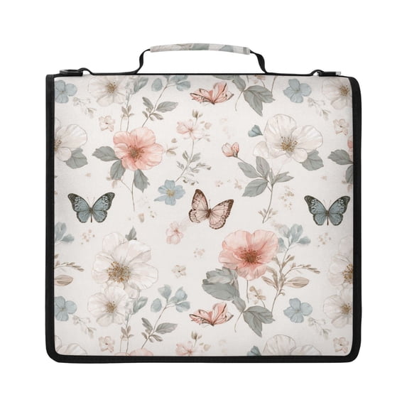 Zipper Binder with Shoulder Strap 2 inch 3 Ring Waterproof File Folder Organizer Bag 500 Sheet Hand-drawn Flowers and Butterflies