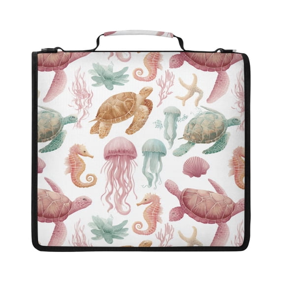 Zipper Binder with Shoulder Strap 2 inch 3 Ring Waterproof File Folder Organizer Bag 500 Sheet Happy Turtles and Jellyfish Pattern