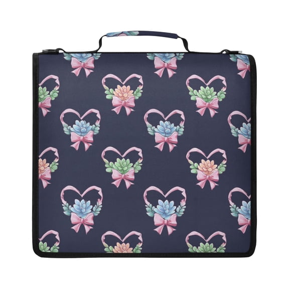 Zipper Binder with Shoulder Strap 2 inch 3 Ring Waterproof File Folder Organizer Bag 500 Sheet Heart Shape Succulents Pattern