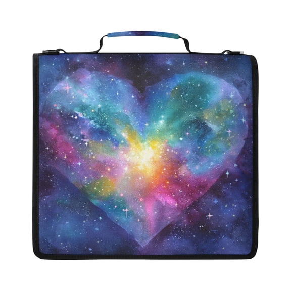 Zipper Binder with Shoulder Strap 2 inch 3 Ring Waterproof File Folder Organizer Bag 500 Sheet Heart with Galaxy Background
