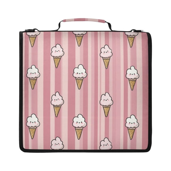 Zipper Binder with Shoulder Strap 2 inch 3 Ring Waterproof File Folder Organizer Bag 500 Sheet Ice Cream Pattern with Striped