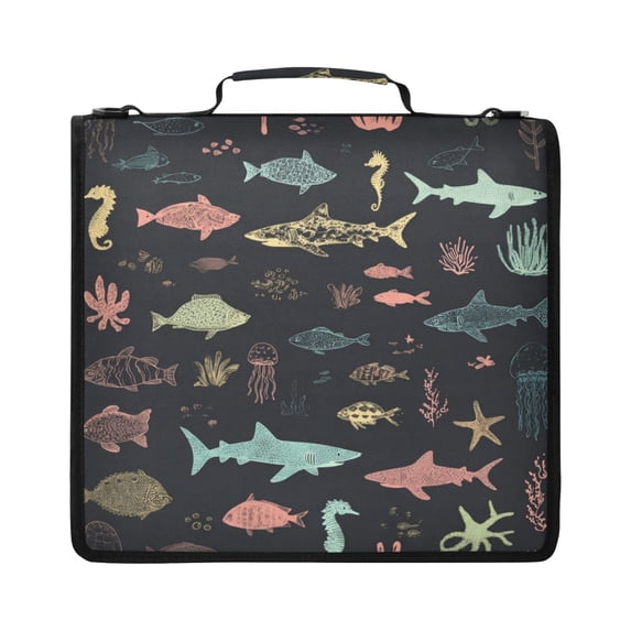 Zipper Binder with Shoulder Strap 2 inch 3 Ring Waterproof File Folder Organizer Bag 500 Sheet Marine Life Pattern