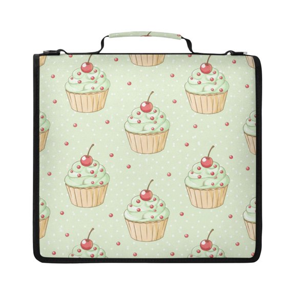 Zipper Binder with Shoulder Strap 2 inch 3 Ring Waterproof File Folder Organizer Bag 500 Sheet Mint Green Cupcake Pattern