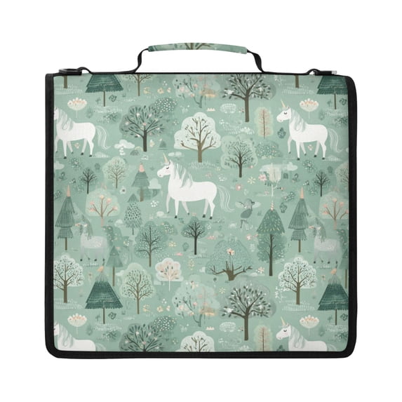 Zipper Binder with Shoulder Strap 2 inch 3 Ring Waterproof File Folder Organizer Bag 500 Sheet Mint Green Unicorns and Trees
