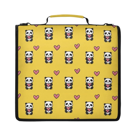 Zipper Binder with Shoulder Strap 2 inch 3 Ring Waterproof File Folder Organizer Bag 500 Sheet Panda Cartoon with Heart Pattern