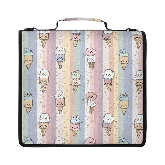 Zipper Binder with Shoulder Strap 2 inch 3 Ring Waterproof File Folder Organizer Bag 500 Sheet Pastel Cartoon Ice Cream Pattern