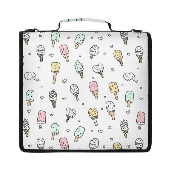 Zipper Binder with Shoulder Strap 2 inch 3 Ring Waterproof File Folder Organizer Bag 500 Sheet Pastel Ice Cream Pattern