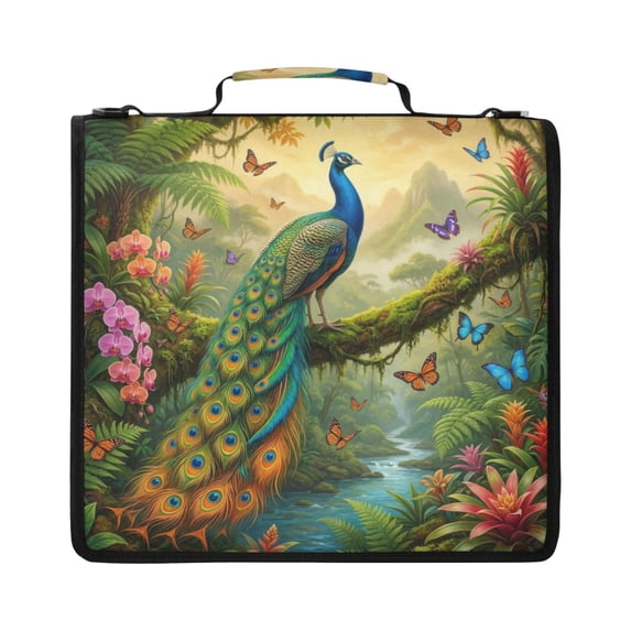 Zipper Binder with Shoulder Strap 2 inch 3 Ring Waterproof File Folder Organizer Bag 500 Sheet Peacocks in The Rainforest