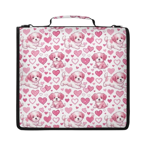 Zipper Binder with Shoulder Strap 2 inch 3 Ring Waterproof File Folder Organizer Bag 500 Sheet Pink Dog and Heart