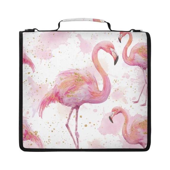 Zipper Binder with Shoulder Strap 2 inch 3 Ring Waterproof File Folder Organizer Bag 500 Sheet Pink Flamingos with Golden Dot