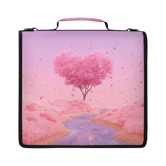 Zipper Binder with Shoulder Strap 2 inch 3 Ring Waterproof File Folder Organizer Bag 500 Sheet Pink Heart-shaped Tree