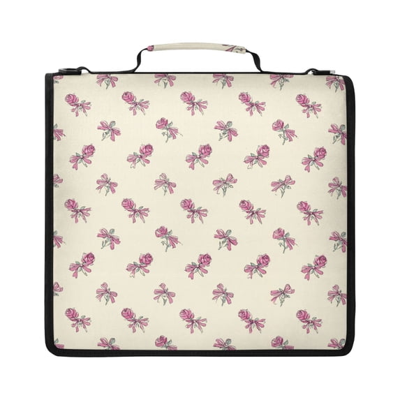 Zipper Binder with Shoulder Strap 2 inch 3 Ring Waterproof File Folder Organizer Bag 500 Sheet Pink Roses and Bows Pattern