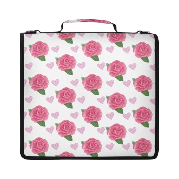 Zipper Binder with Shoulder Strap 2 inch 3 Ring Waterproof File Folder Organizer Bag 500 Sheet Pink Roses and Red Hearts