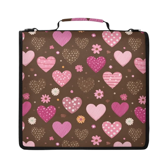Zipper Binder with Shoulder Strap 2 inch 3 Ring Waterproof File Folder Organizer Bag 500 Sheet Pink and Brown Hearts Pattern
