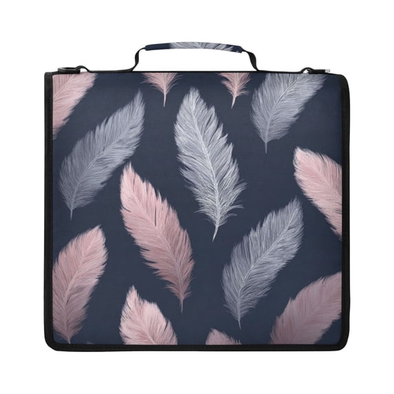 Zipper Binder with Shoulder Strap 2 inch 3 Ring Waterproof File Folder Organizer Bag 500 Sheet Pink and Gray Feathers Pattern