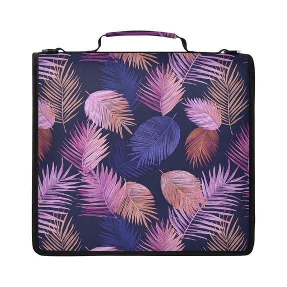 Zipper Binder with Shoulder Strap 2 inch 3 Ring Waterproof File Folder Organizer Bag 500 Sheet Pink and Purple Palm Leaves