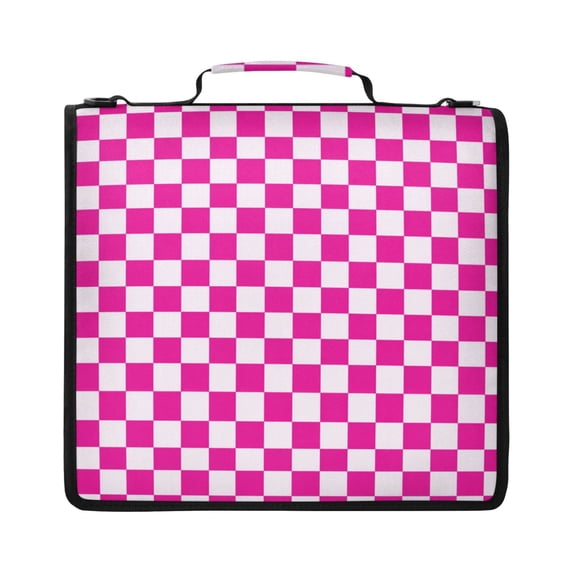 Zipper Binder with Shoulder Strap 2 inch 3 Ring Waterproof File Folder Organizer Bag 500 Sheet Pink and White Checkered