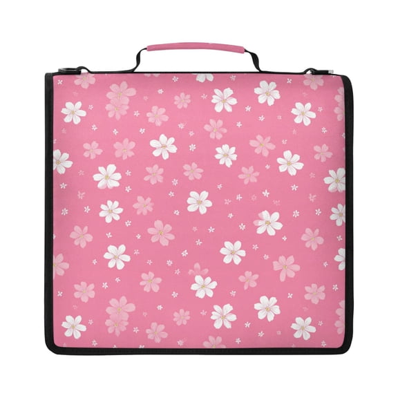 Zipper Binder with Shoulder Strap 2 inch 3 Ring Waterproof File Folder Organizer Bag 500 Sheet Pink and White Flowers