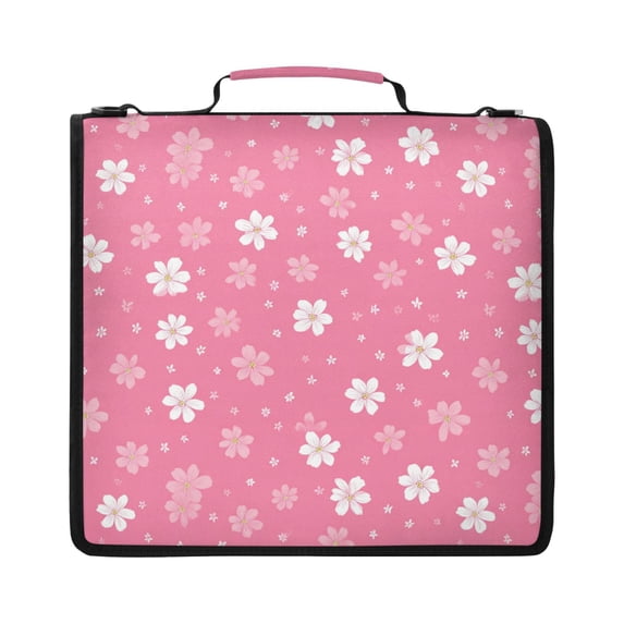 Zipper Binder with Shoulder Strap 2 inch 3 Ring Waterproof File Folder Organizer Bag 500 Sheet Pink and White Flowers