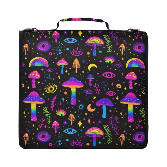 Zipper Binder with Shoulder Strap 2 inch 3 Ring Waterproof File Folder Organizer Bag 500 Sheet Rainbow Mushrooms