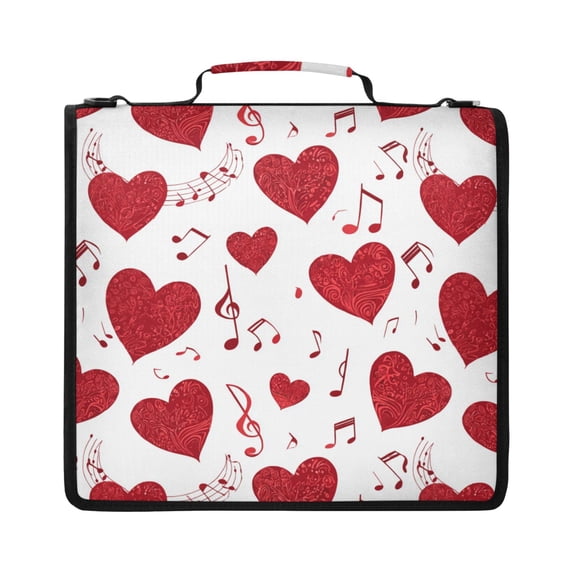 Zipper Binder with Shoulder Strap 2 inch 3 Ring Waterproof File Folder Organizer Bag 500 Sheet Red Hearts with Musical Notes
