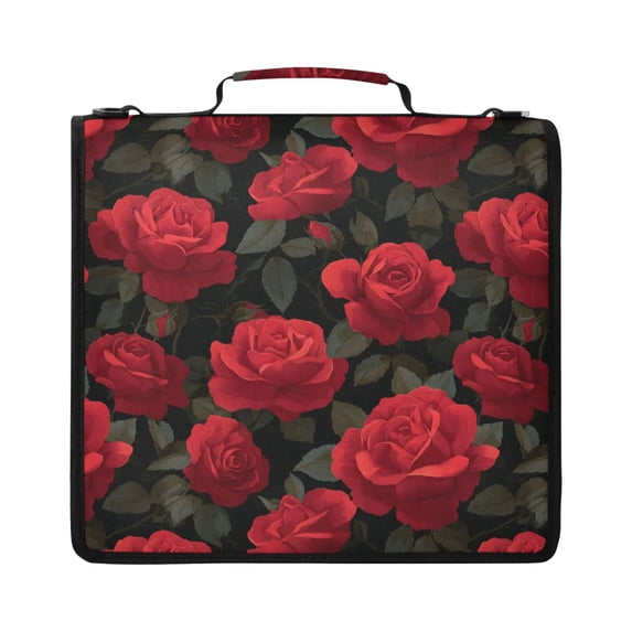 Zipper Binder with Shoulder Strap 2 inch 3 Ring Waterproof File Folder Organizer Bag 500 Sheet Red Roses Pattern