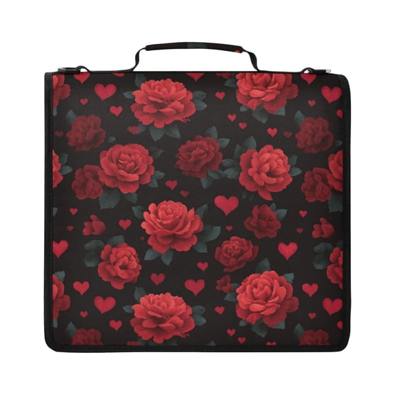 Zipper Binder with Shoulder Strap 2 inch 3 Ring Waterproof File Folder Organizer Bag 500 Sheet Red Roses and Hearts Pattern
