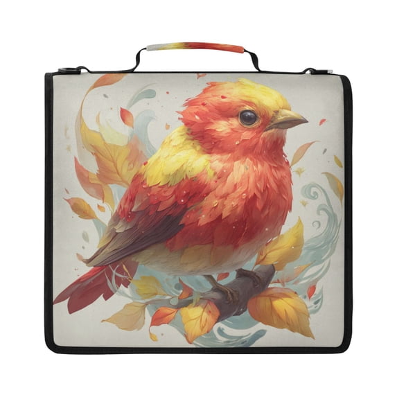 Zipper Binder with Shoulder Strap 2 inch 3 Ring Waterproof File Folder Organizer Bag 500 Sheet Red and Yellow Bird