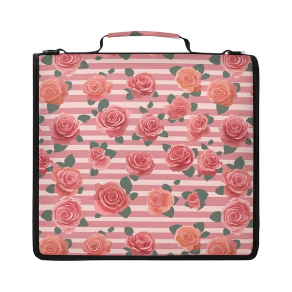 Zipper Binder with Shoulder Strap 2 inch 3 Ring Waterproof File Folder Organizer Bag 500 Sheet Roses and Stripes Pattern
