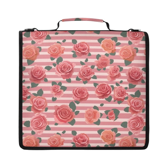 Zipper Binder with Shoulder Strap 2 inch 3 Ring Waterproof File Folder Organizer Bag 500 Sheet Roses and Stripes Pattern