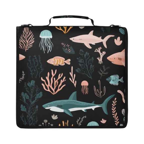 Zipper Binder with Shoulder Strap 2 inch 3 Ring Waterproof File Folder Organizer Bag 500 Sheet Sharks and Seagrass Pattern
