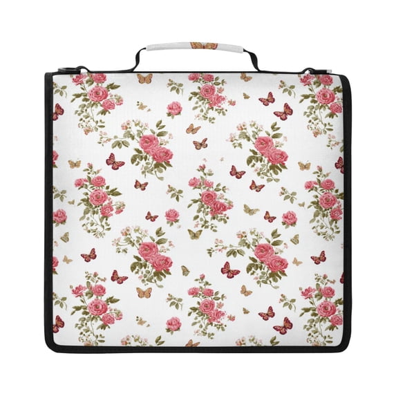Zipper Binder with Shoulder Strap 2 inch 3 Ring Waterproof File Folder Organizer Bag 500 Sheet Small Butterfly and Rose Pattern