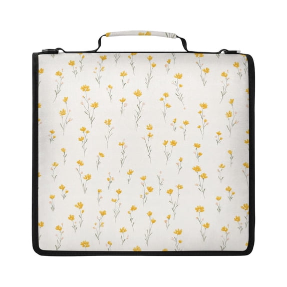 Zipper Binder with Shoulder Strap 2 inch 3 Ring Waterproof File Folder Organizer Bag 500 Sheet Tiny Yellow Flowers Pattern