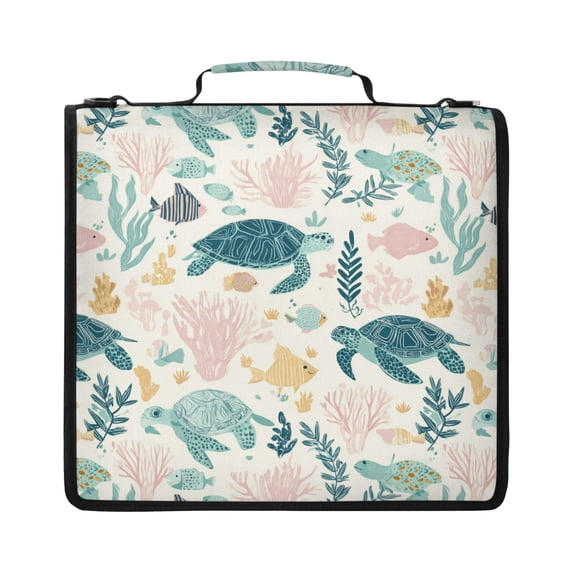 Zipper Binder with Shoulder Strap 2 inch 3 Ring Waterproof File Folder Organizer Bag 500 Sheet Turtles and Sea Plants Pattern