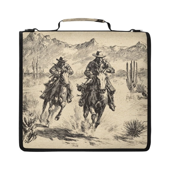 Zipper Binder with Shoulder Strap 2 inch 3 Ring Waterproof File Folder Organizer Bag 500 Sheet Vintage Cowboy Illustration