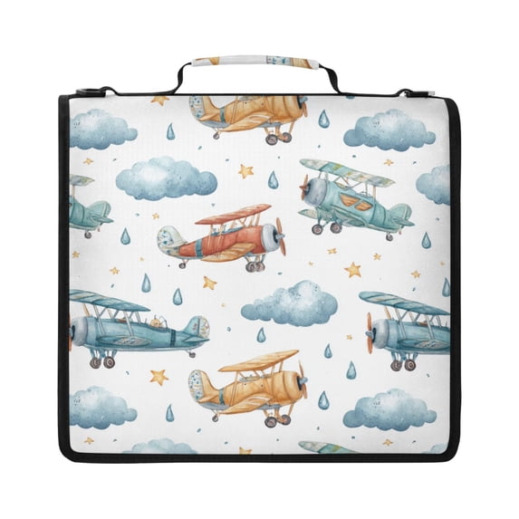 Zipper Binder with Shoulder Strap 2 inch 3 Ring Waterproof File Folder Organizer Bag 500 Sheet Watercolor Airplane Pattern