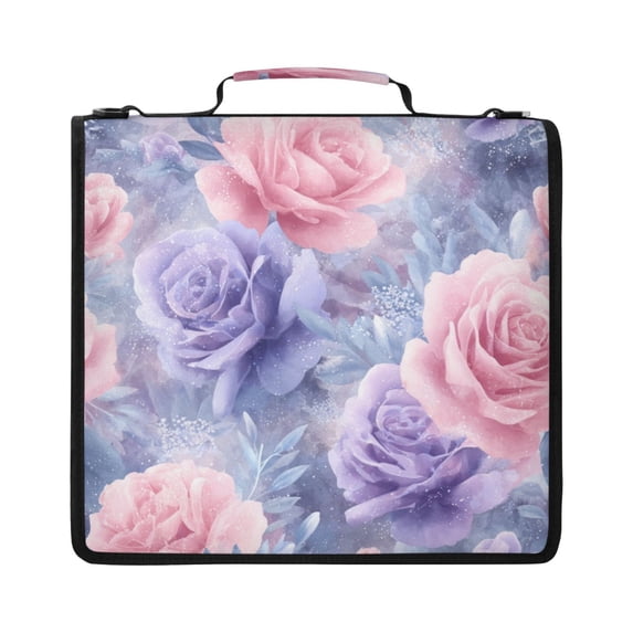 Zipper Binder with Shoulder Strap 2 inch 3 Ring Waterproof File Folder Organizer Bag 500 Sheet Watercolor Pink and Purple Roses