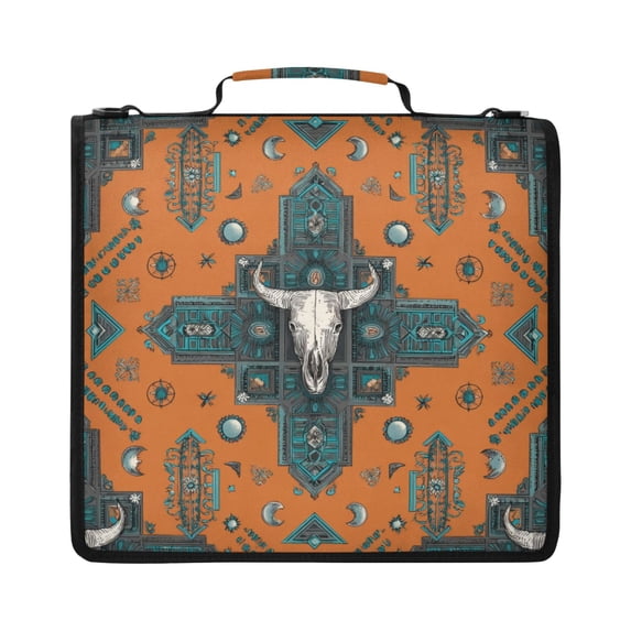 Zipper Binder with Shoulder Strap 2 inch 3 Ring Waterproof File Folder Organizer Bag 500 Sheet Western-style Cowhorn Skulls