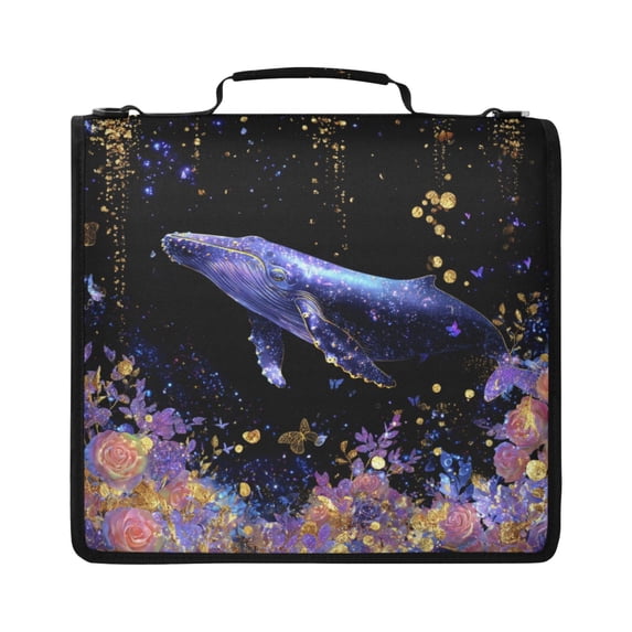 Zipper Binder with Shoulder Strap 2 inch 3 Ring Waterproof File Folder Organizer Bag 500 Sheet Whale and Rose Pattern