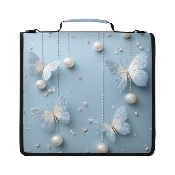 Zipper Binder with Shoulder Strap 2 inch 3 Ring Waterproof File Folder Organizer Bag 500 Sheet White Butterflies Pattern