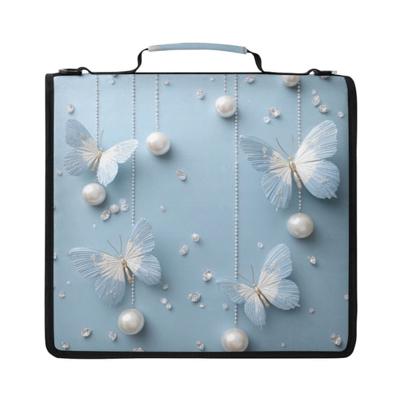 Zipper Binder with Shoulder Strap 2 inch 3 Ring Waterproof File Folder Organizer Bag 500 Sheet White Butterflies Pattern