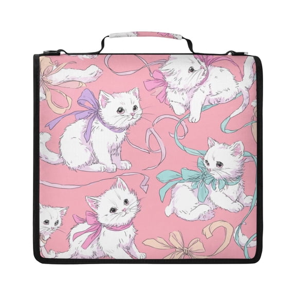 Zipper Binder with Shoulder Strap 2 inch 3 Ring Waterproof File Folder Organizer Bag 500 Sheet White Cat Pattern