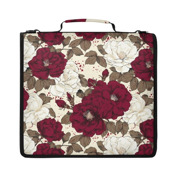 Zipper Binder with Shoulder Strap 2 inch 3 Ring Waterproof File Folder Organizer Bag 500 Sheet White and Crimson Roses Pattern