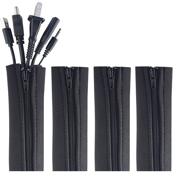 Zipper Cable Sleeve by - 24" x 4" (4-Pack) Black - Cord Organizer and Cable Protector for Desk, Computer, TV Cord Management to Hide and Cover Wire and Extension Cables