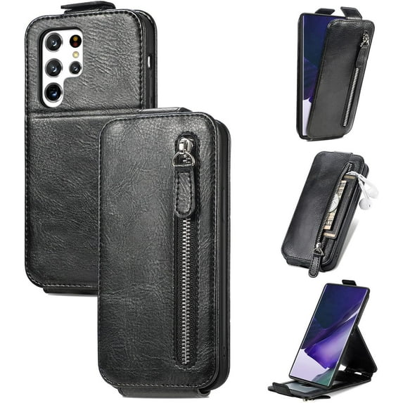 Zipper Card Holder Leather Phone Case for Samsung Galaxy A50 S A40 A31 A30 A20 M30, Unique Screen Protective Bracket Shell, Hot Business Wallet Back Cover(Black,A40S / M30)