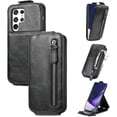 thumbnail image 1 of Zipper Card Holder Leather Phone Case for Samsung Galaxy Note 20 10 9 8 Ultra Pro Lite, Unique Screen Protective Bracket Shell, Hot Business Wallet Back Cover(Black,Note 10 Pro), 1 of 7