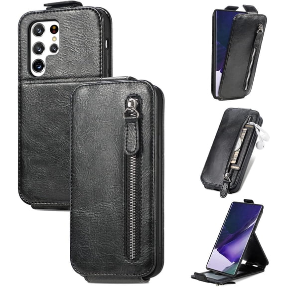 Zipper Card Holder Leather Phone Case for Samsung Galaxy Note 20 10 9 8 Ultra Pro Lite, Unique Screen Protective Bracket Shell, Hot Business Wallet Back Cover(Black,Note 20)